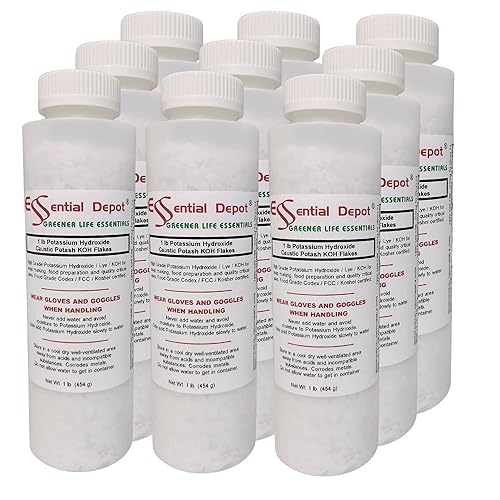 Hidróxido de potasio en copos KOH, 9 libras (9 x 1 libra) Potasa cáustica anhidro KOH electrolito seco - Contenedor de HDPE con tapa resellable