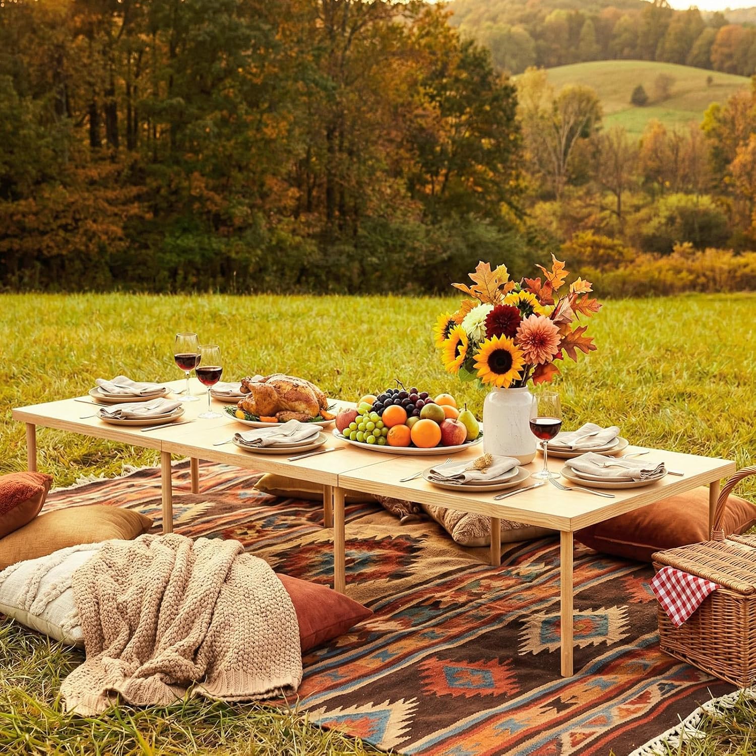 Leinuosen 90"x30" Boho Wooden Picnic Table, Portable Folding Outdoor Low Picnic Table with Adjustable Legs Height 13'' & 16'' for Floor Seating, Beach, Camping, BBQ, Backyard, Seating for 8-12 People