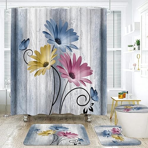 Vista 16 de Onalasyc - Juego de 4 cortinas de ducha con flores de margaritas azules, cortina de ducha y alfombra y accesorios, juego decorativo de cortina
