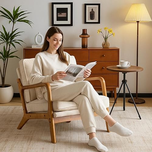 Miniatura 154 de Karl home Silla decorativa moderna de mediados de siglo con almohada, silla tapizada de tela bronceadora, con brazo de salón con marco de madera