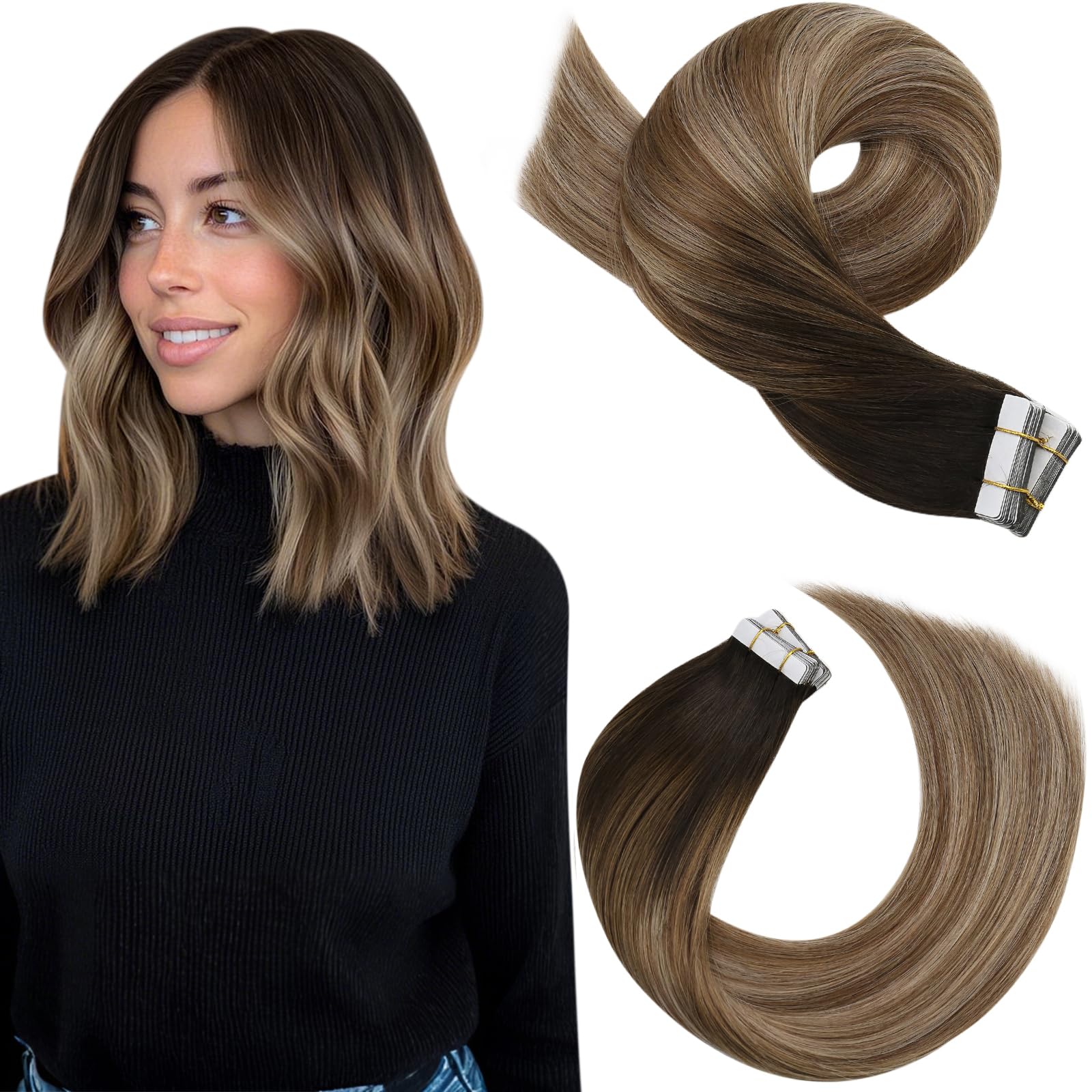 Moresoo Tape in Hair Extensions Human Hair 100g Balayage Dark Brown to Golden Brown with Honey Blonde Human Hair Tape in Extensions Remy Straight Short Length Hair 14 Inch 40 Pieces #4/10/16
