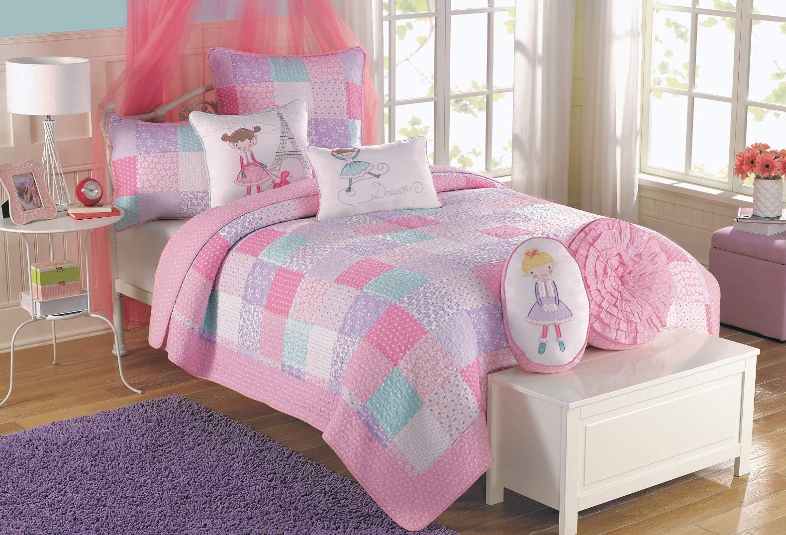 Cozy Line Home Fashions Angelina Floral Dot Pink Light Purple Blue 100% Cotton Reversible Girl Quilt Bedding Set, Bedspread, Coverlet (Queen - 3 Piece)