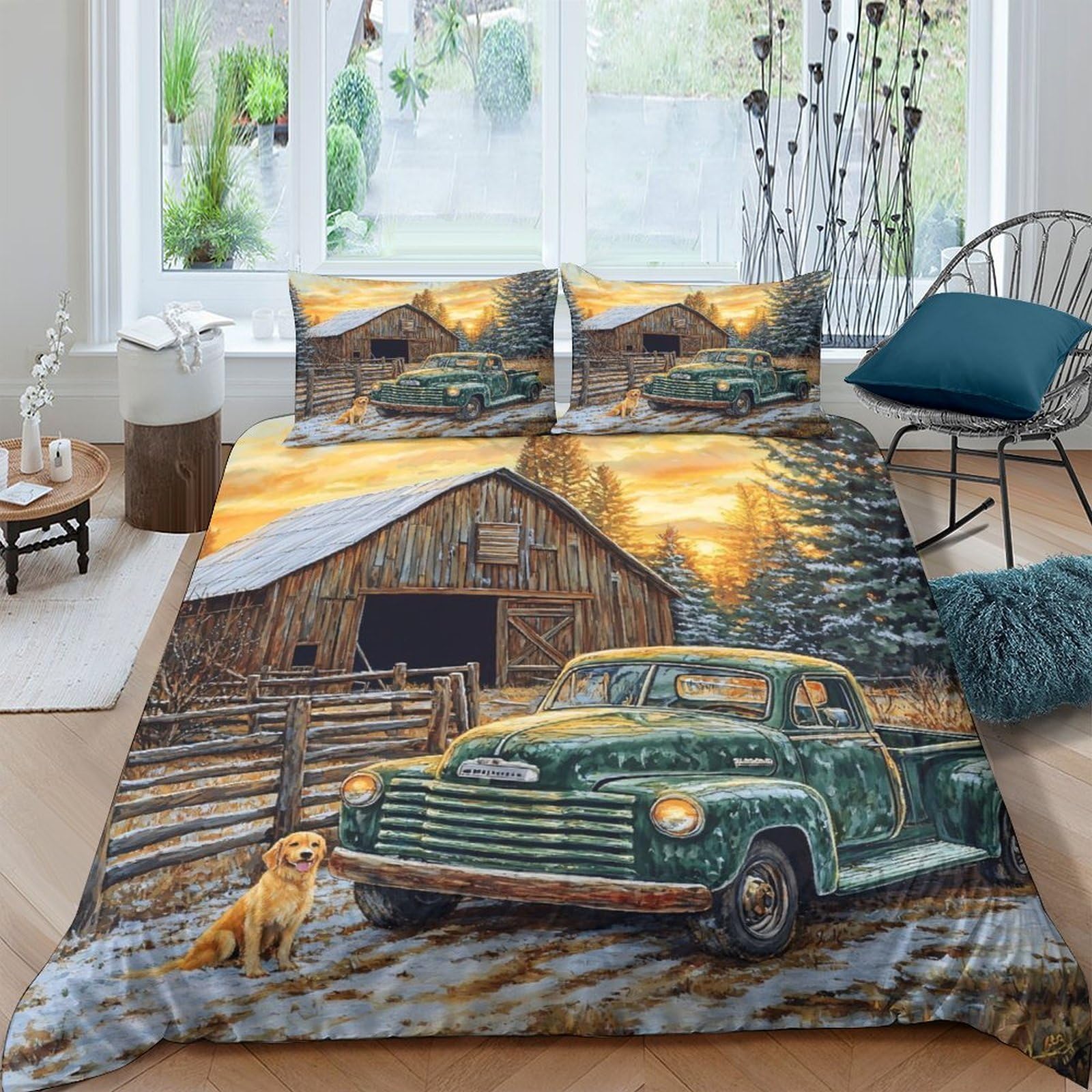 GPLZQXKJNH 3D Printed Vintage Green Truck Duvet Cover Microfiber Soft Breathable Barn Farmhouse Bedding Set with 2 Pillowcases for Bedroom Decor Single（135x200cm）