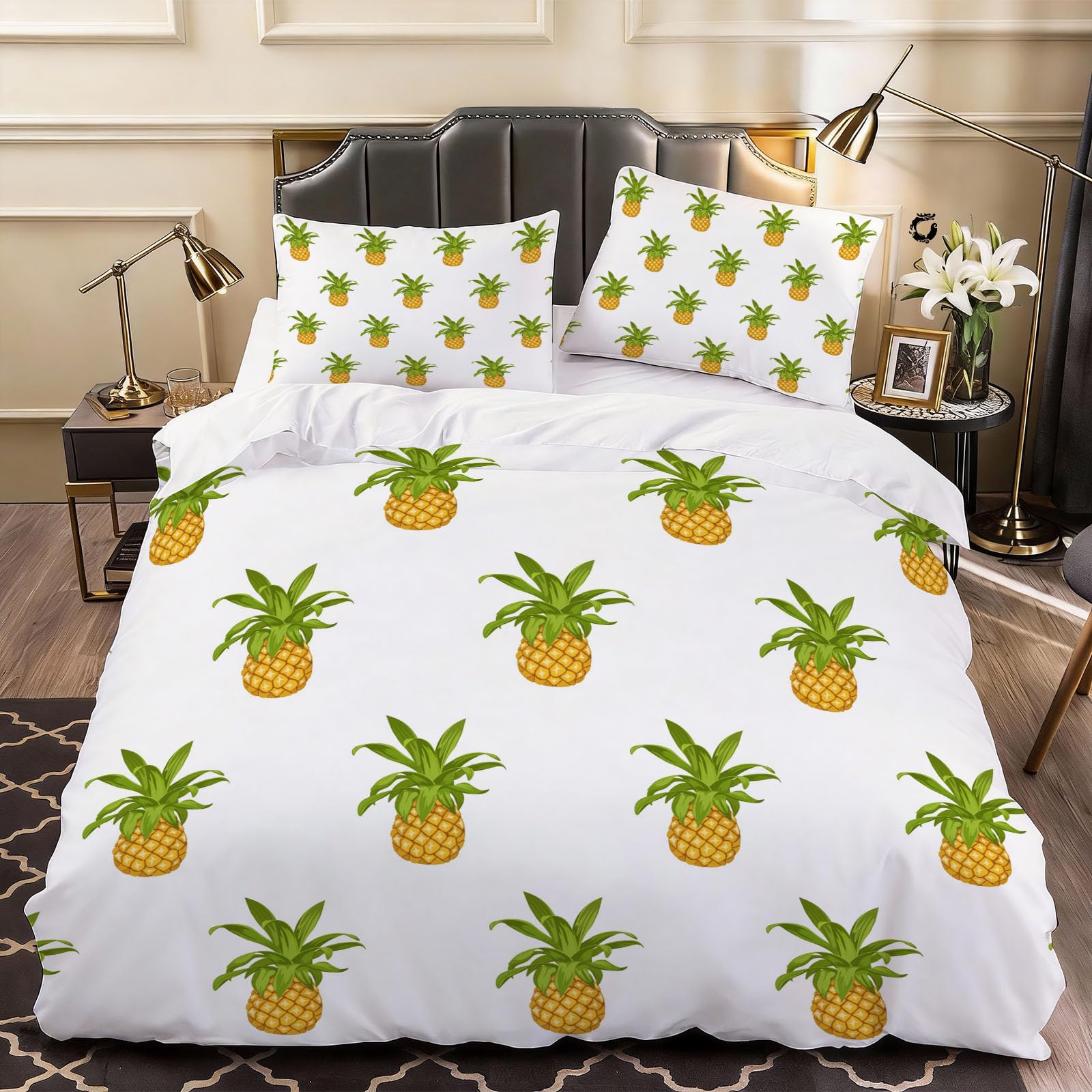 3D Pineapple Pattern Duvet Cover Cartoon Bedding Single Bed Set, Soft Microfiber Comforter Cover Printed with Zipper Closure Quilt Coverr 135x200 cm and 2 Pillowcases