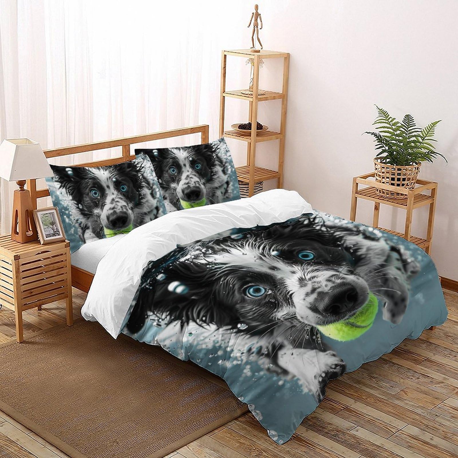 Parure de lit Border Collie 3 pièces avec housse de couette double pour chambre enfant et adulte