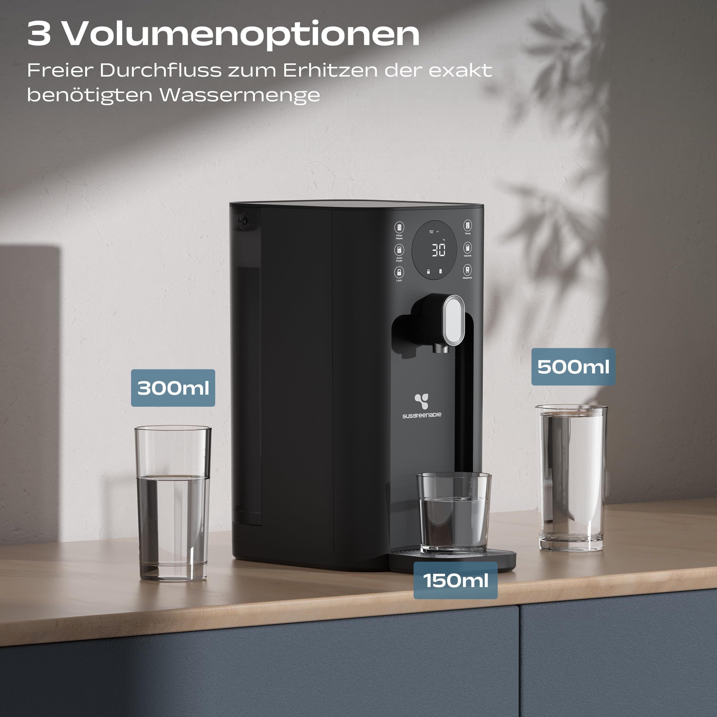 CIARRA X SusGreenable Osmoseanlage Trinkwasser 100GPD, Umkehrosmoseanlage mit Heißwasser, 4 Temperaturen, 5-stufiger RO Wasserfilter SGROF03, Tischgerät, Schwarz