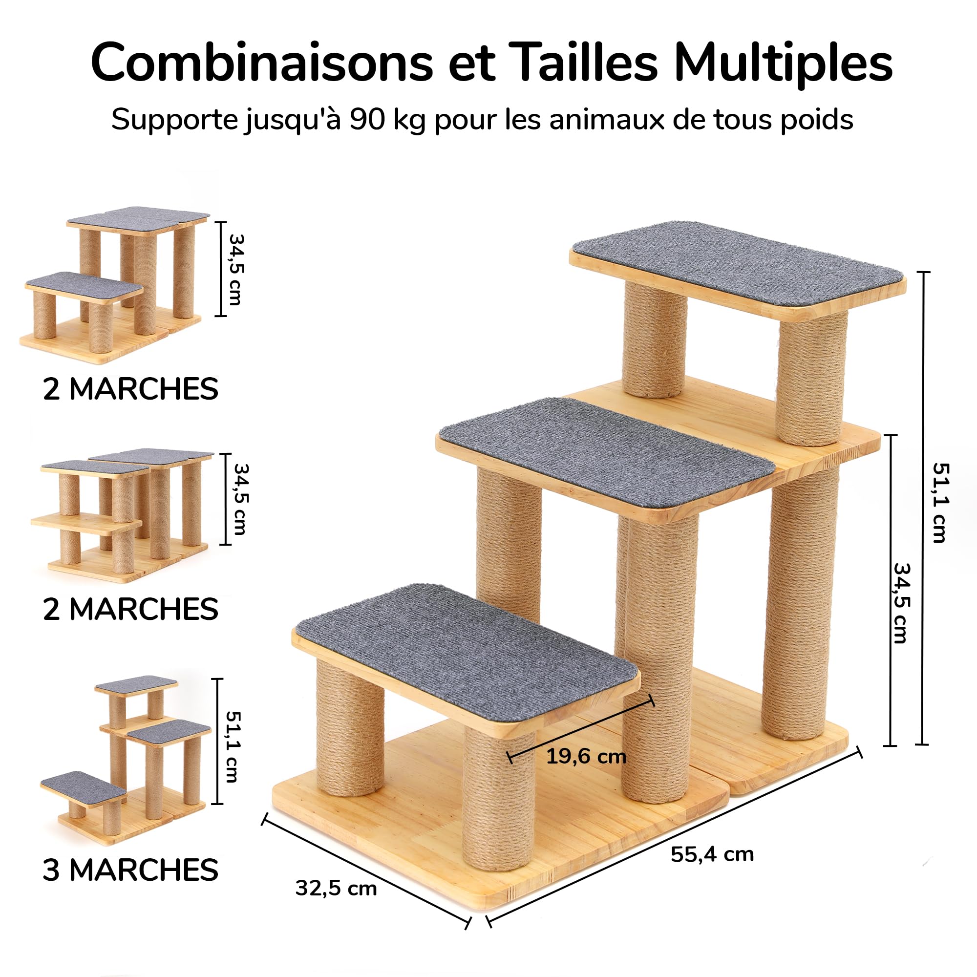 FUKUMARU Escalier pour Chien en Bois Massif avec Poteau à Griffes, Capacité 90 kg, Marches 50 cm, Gris