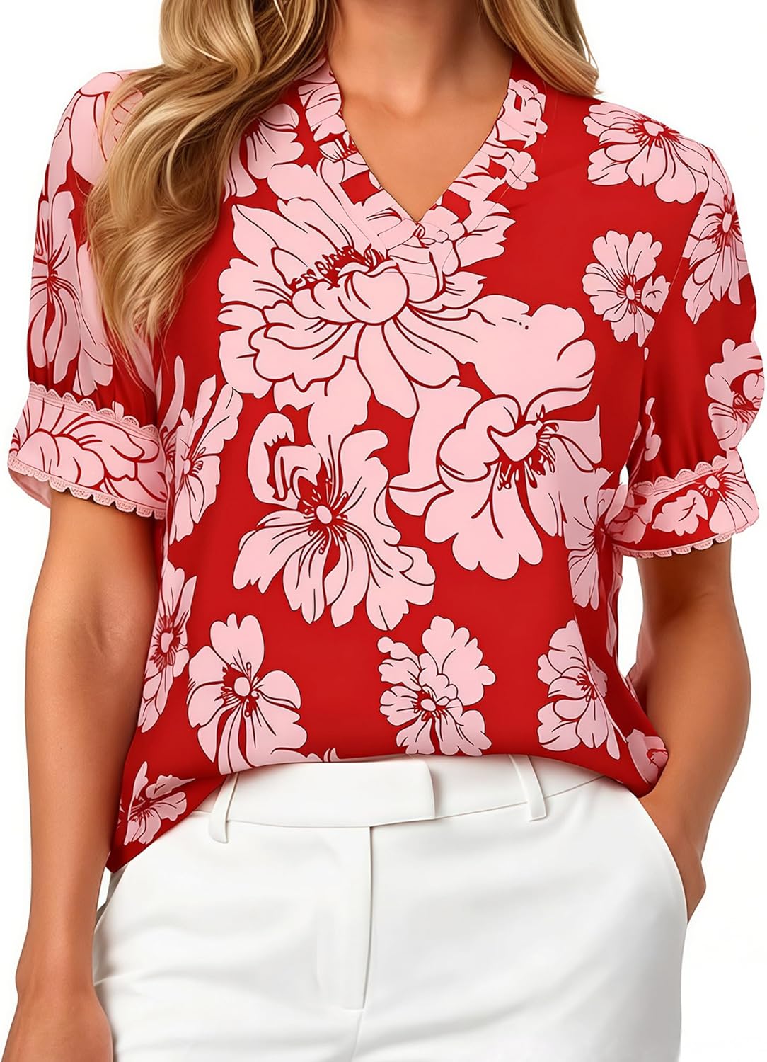 GRACE KARIN Women Boho Floral Tops, Summer Puff Short Sleeve Dressy Casual Shirts, 2026 Spring V Neck Vacation Work Blouse