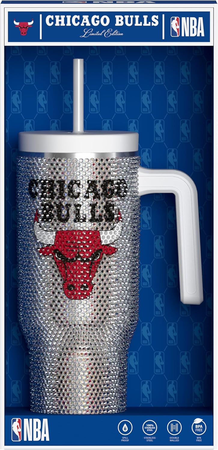 Hydrapeak x NBA Officially Licensed Chicago Bulls Voyager 40 oz Stainless Steel Bling Tumbler with Handle, Insulated Rhinestone Water Bottle With Straw & Lid, Includes Gift Box - Image 2