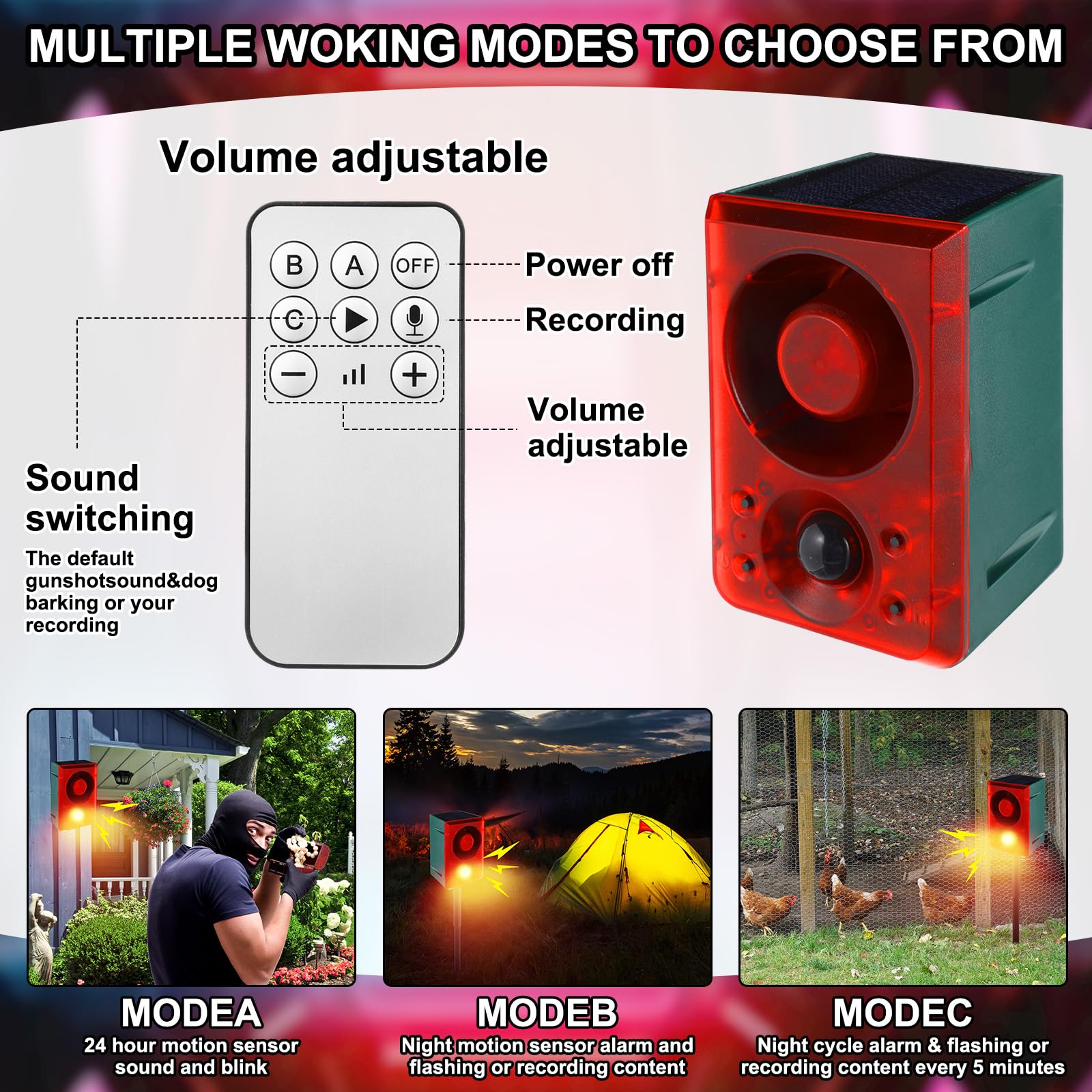 Qualirey 2 alarmas solares con sensor de movimiento para exteriores con sonido de disparo de pistola, ladridos de perro, 3 modos de grabación y volumen ajustable, carga USB, 129 dB, generador de ruido