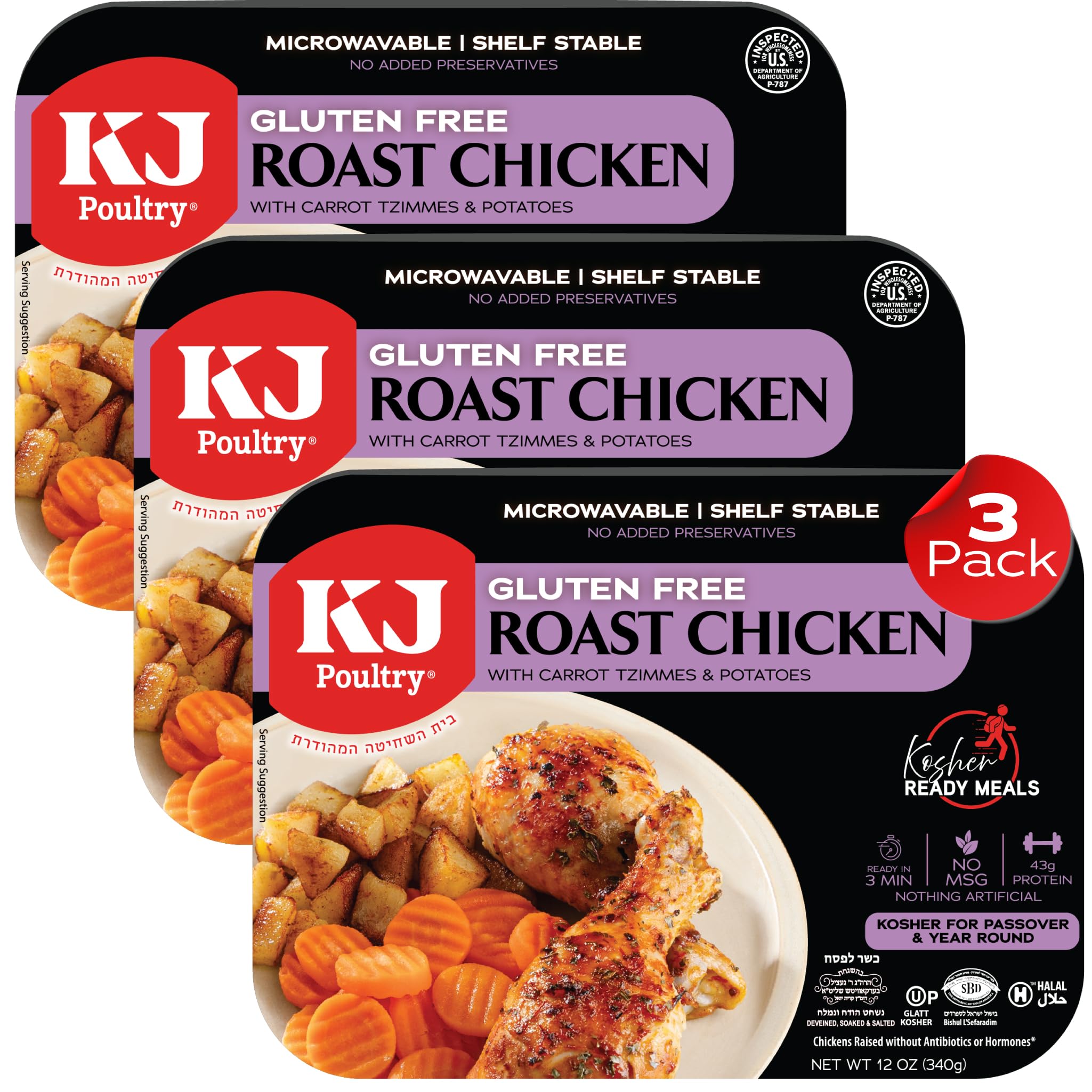 KJ Poultry Kosher for Passover Gluten Free Meals, Roast Chicken with Potato & Carrots, Halal, (3 Pack) Prepared Entree Fully Cooked, Shelf Stable Microwave Dinner, Travel Military Camping