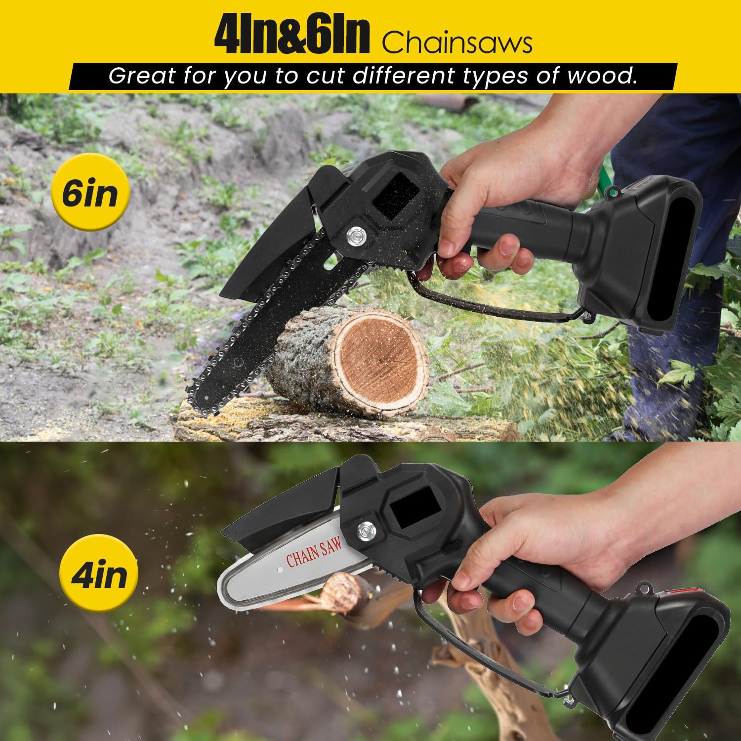 3-in-1 Cordless Pole Saw, Mini Chainsaw & Grass Trimmer with 4&6 Inch Electric Pole Chainsaw, 12.3ft Max Reach, for Tree Trimming Branches, Includes 2×21V Batteries