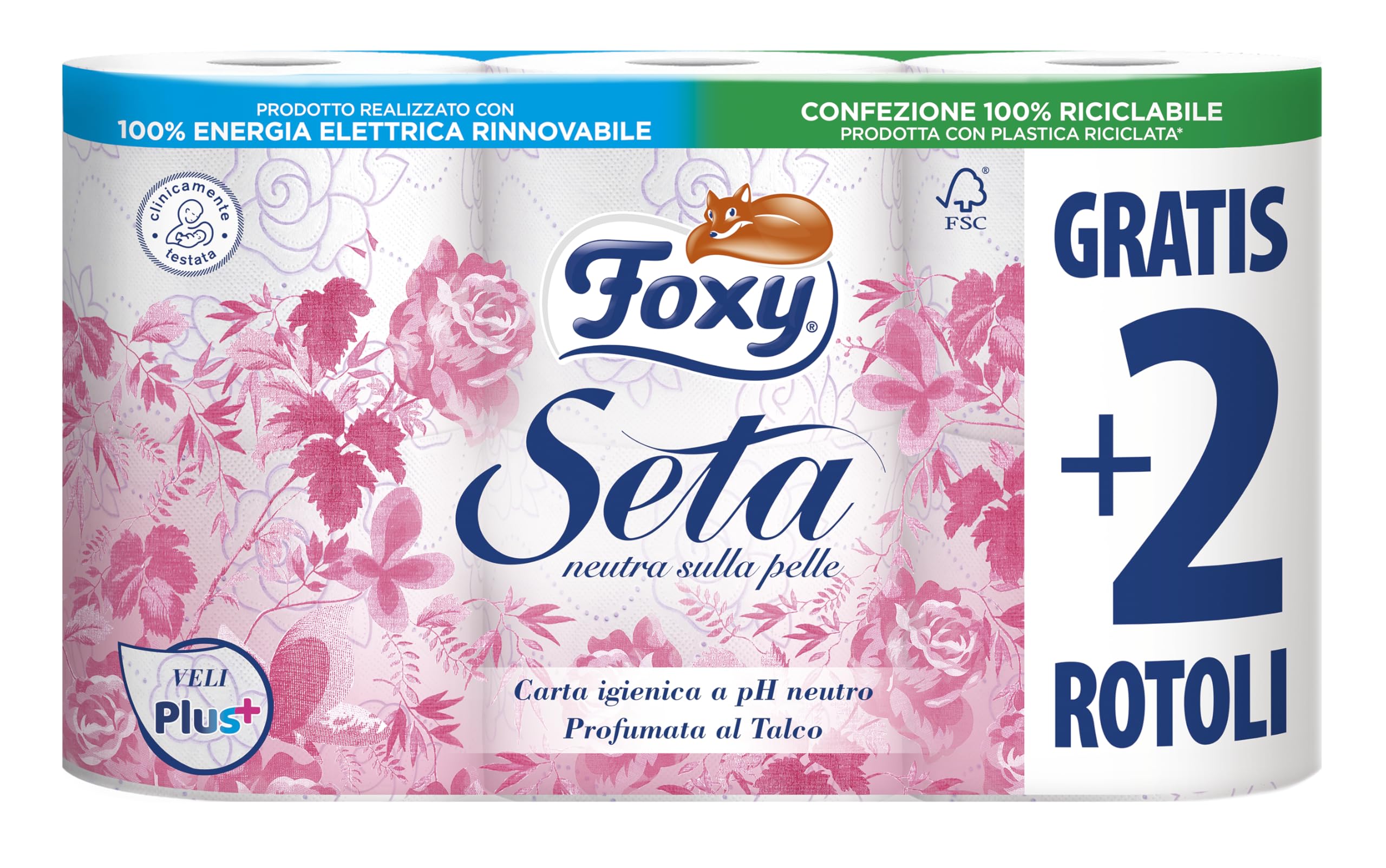 10 unidades de papel higiénico Foxy de seda delicada, 2 capas, perfumado al talco, modelo 4 más 2 rollos 60