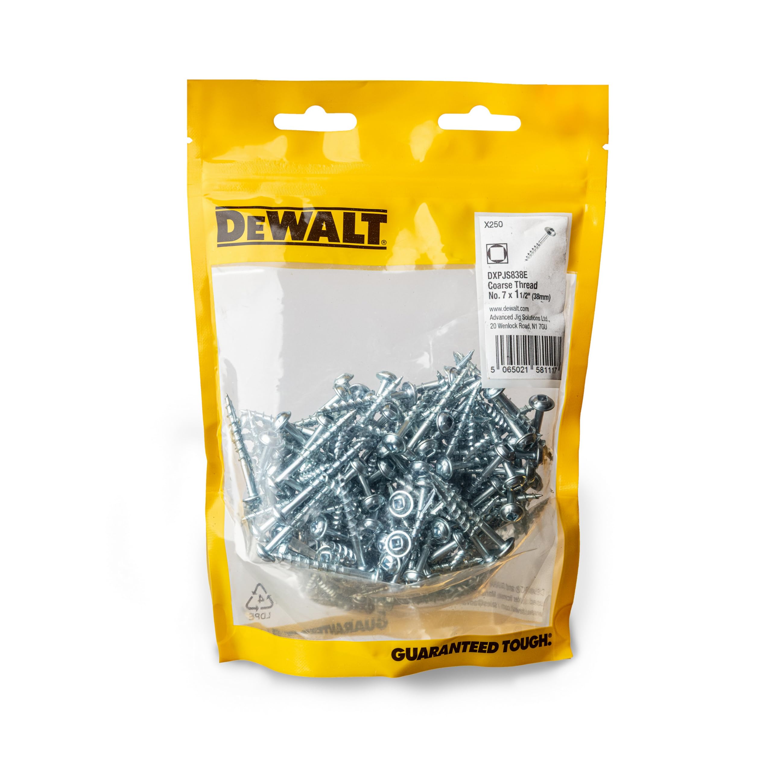 DEWALT Pocket Hole Screws 250 pcs - 1 1/2" (38mm) Coarse Thread No. 8ga For Softwoods