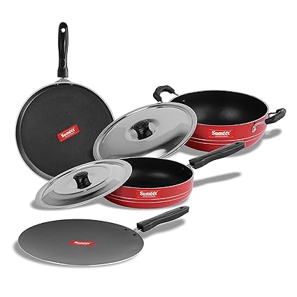 Sumeet 2.6mm Thick Non-Stick MENA Cookware Set (Dosa Tawa 26.5cm Dia + Concave Tawa 28cm Dia + Kadhai with Lid 1.5Ltr Capacity- 20cm Dia + Fry pan 1.5Ltr Capacity 21cm Dia)