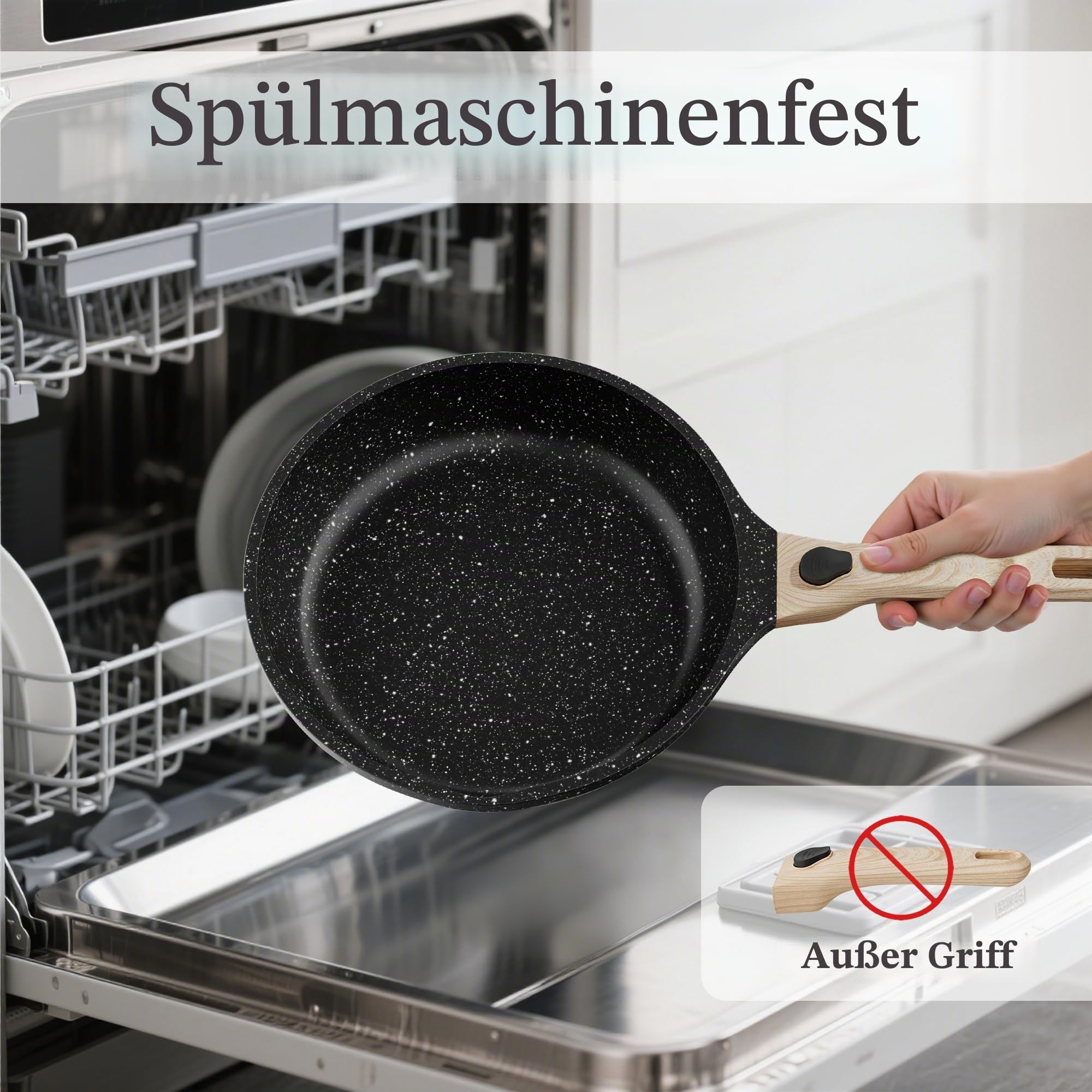 RIOVARM Induktion Bratpfannen Set mit abnehmbaren Griffen, Antihaft Pfannenset 20 cm 24 cm 28 cm, Granit Omelett Pfanne ohne PFOA, Kochgeschirr-Set für alle Herdarten, Spülmaschinen- und ofenfest