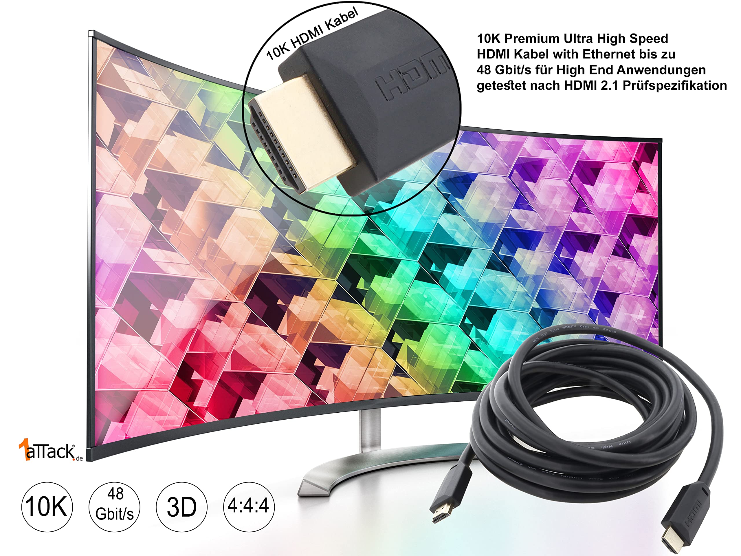 1aTTack.de 1 cable HDMI de alta velocidad de 5,0 m, 10 K, con Ethernet de hasta 48 Gbit/s para aplicaciones de alta gama, probado según especificaciones de prueba HDMI 2.1, negro, 1 unidad
