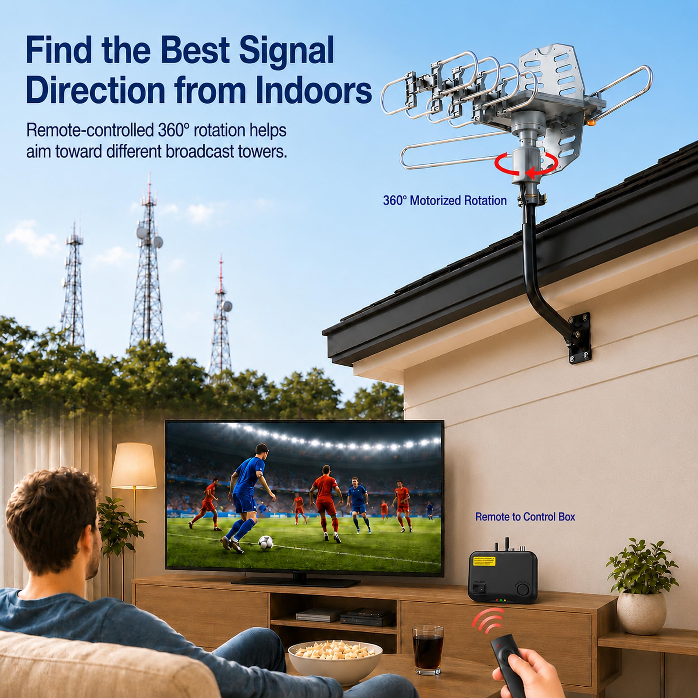 pingbingding HDTV Antenna Amplified Digital Outdoor Antenna with Mounting Pole & 40FT RG6 Coax Cable-150 Miles Range-360 Degree Rotation Wireless Remote-Snap-On Installation Support 2 TVs