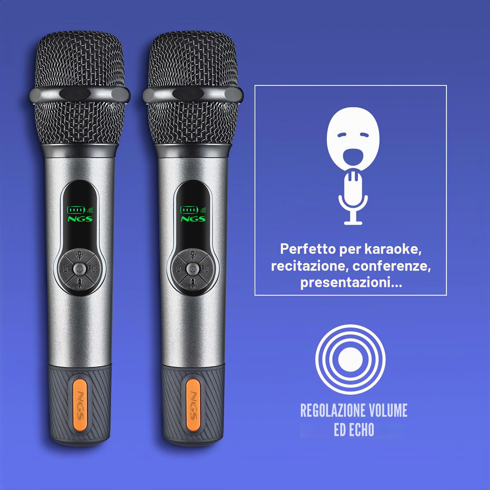 NGS Singer Star Duo – Pacchetto 2 microfoni wireless dinamici 2,4 GHz, autonomia 30 h, controllo volume ed eco, indicatore batteria, jack 3,5 mm e 6,3 mm, Karaoke ed eventi
