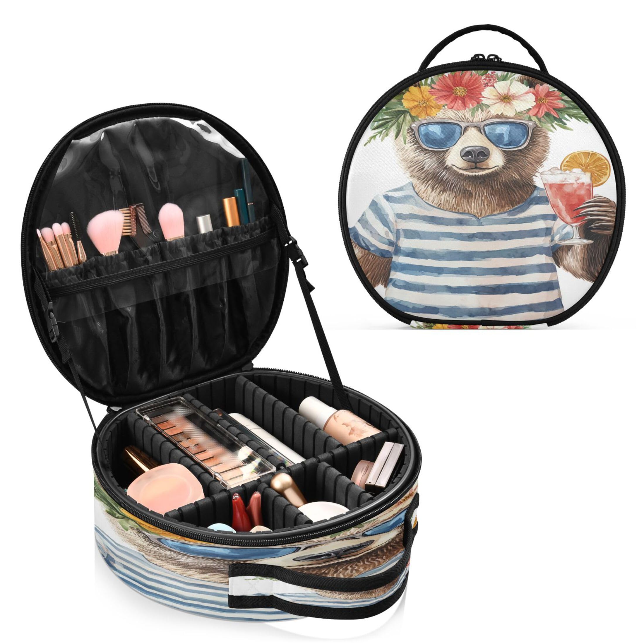 Takiito Bear Wearing Sunglasses Flower Wreath Travel Makeup Case Portable Makeup Box Artist Cosmetic Case Organizer With Adjustable Dividers