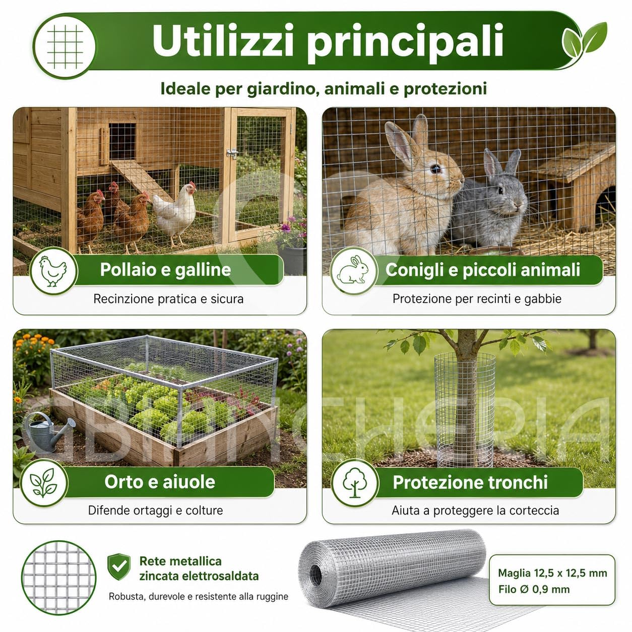 GBiancheria Rete Zincata in Rotolo Elettrosaldata a Maglia 12,5 x 12,5 mm, Filo 0,9 mm, Rete Metallica per Pollaio, Voliera, Orto, Giardino e Recinzioni (1,5 x 10 mt)