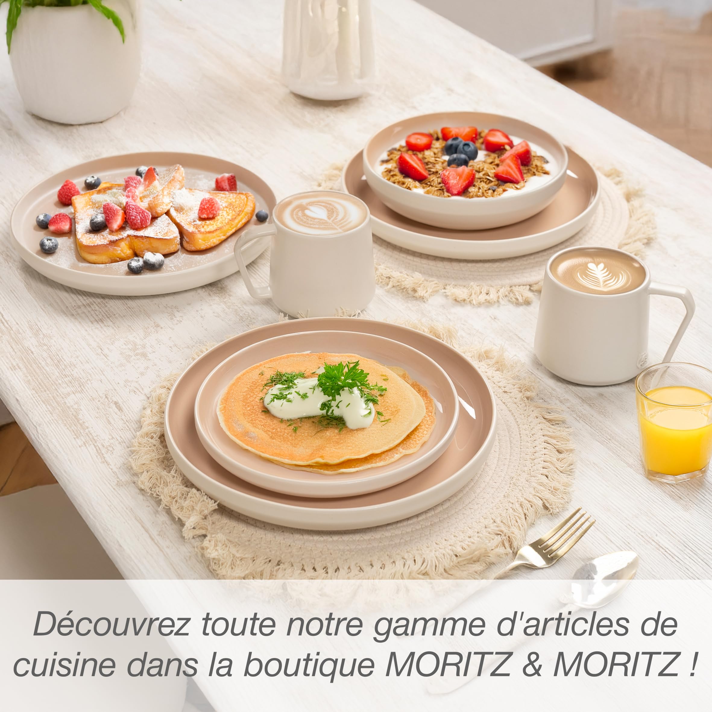 Moritz & Moritz CAVO Service de table 18 pièces pour 6 personnes Almond – Assiettes en grès – Service de table moderne avec assiettes plates, assiettes à dessert et bols à soupe – Élégant et robuste