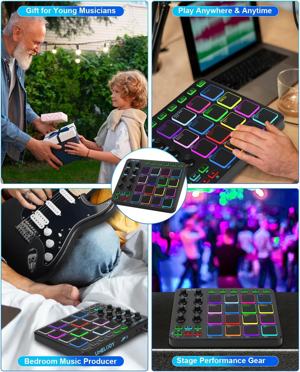 JP-1 MIDI Pad Controller with Wireless Connection, 16 RGB Beat Pads for Music Production, Portable Beat Maker for Beginners, Finger Drumming, Sampling, Looping on Laptop, Tablet, Phone