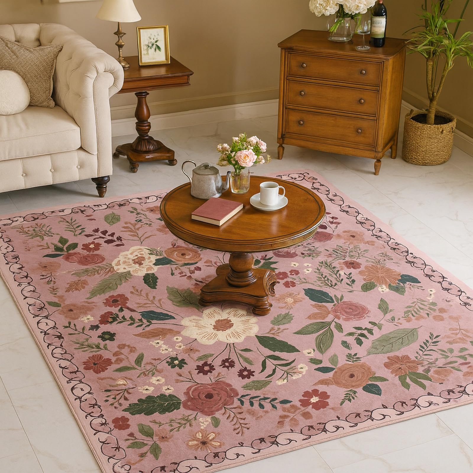 Tapis de chambre adulte doux moquette pour salon rose floral