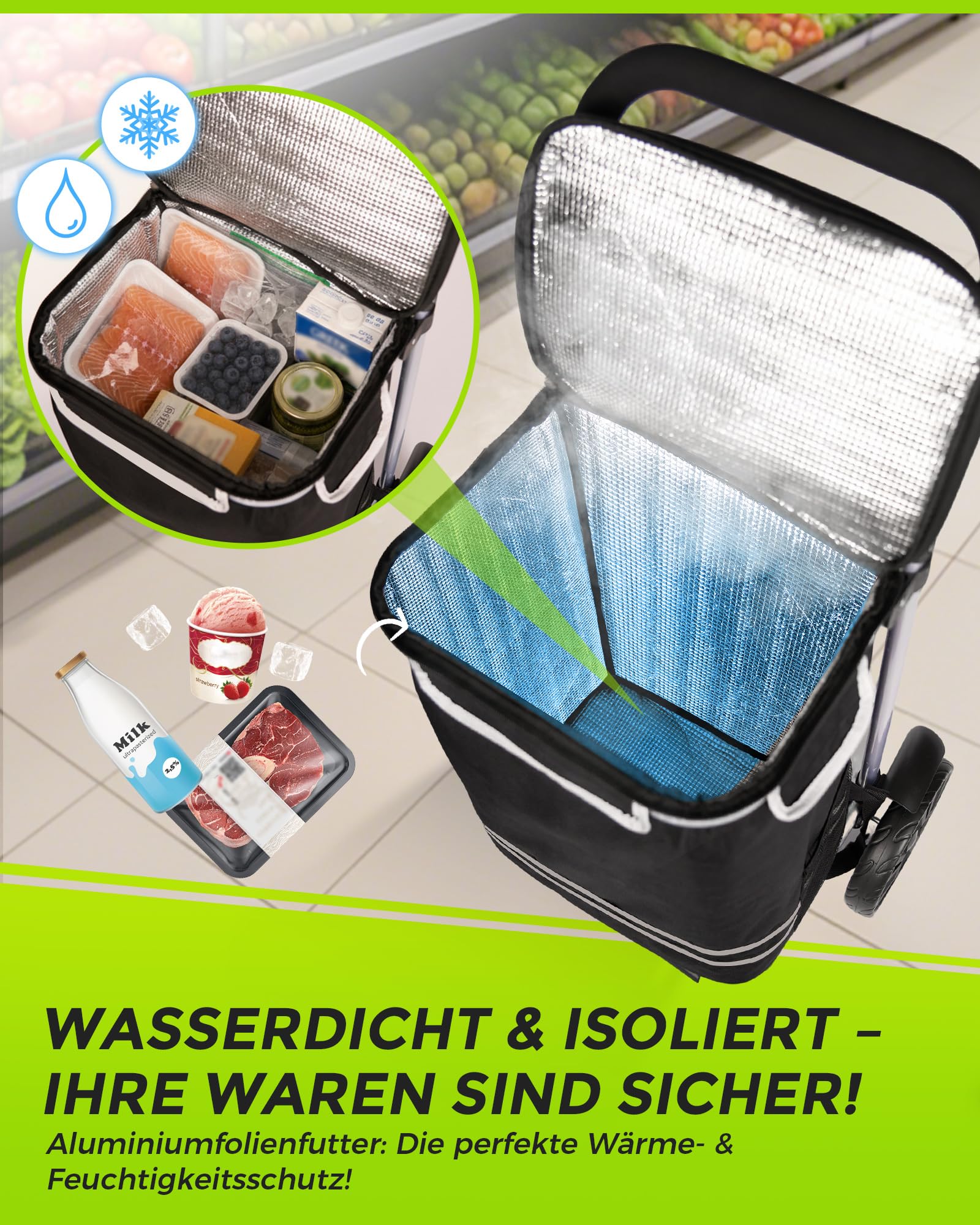 Oak & Tea Einkaufstrolley Klappbar 56L mit Kühlfach – 50kg Traglast Hackenporsche Aluminium, leise Räder, wasserdichter Oxford-Stoff, Isoliertasche Shopping Trolley