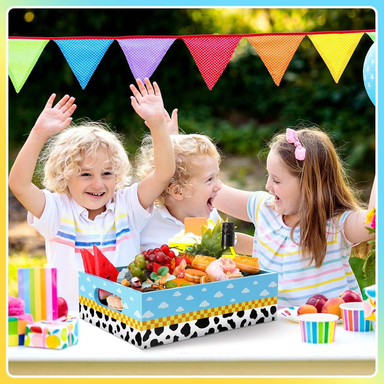 GlikCeil Cartoon Birthday Party Supplies Blue Sky White Clouds Theme Wooden Snack Tray Toy Party Baby Shower Supplies Reusable Snack Organizer with Handles for Decorations