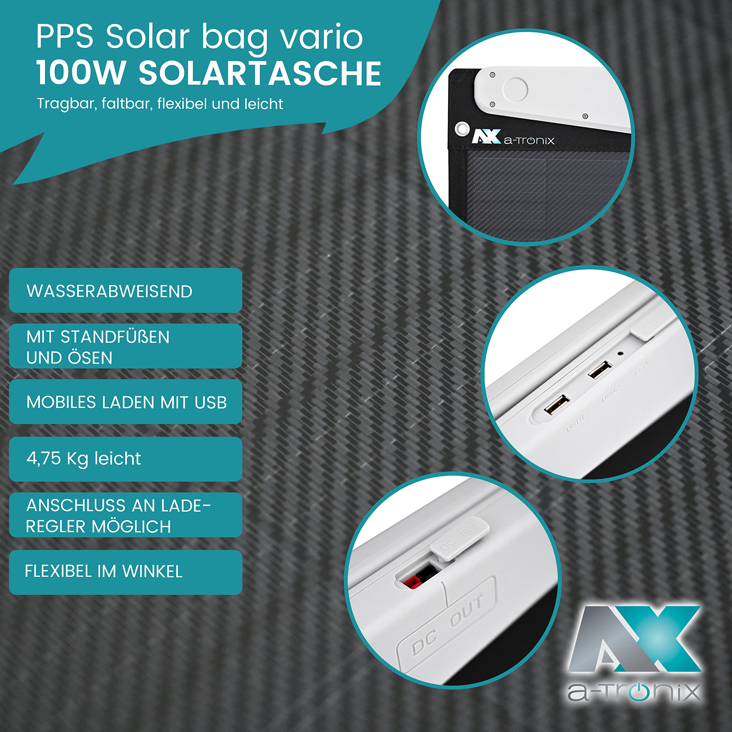 a-TroniX PPS Solar 0% MwSt §12 III UstG Bag Vario 100W, faltbares Solarpanel, USB Anschluss, Outdoor-Einsatz, Photovoltaik