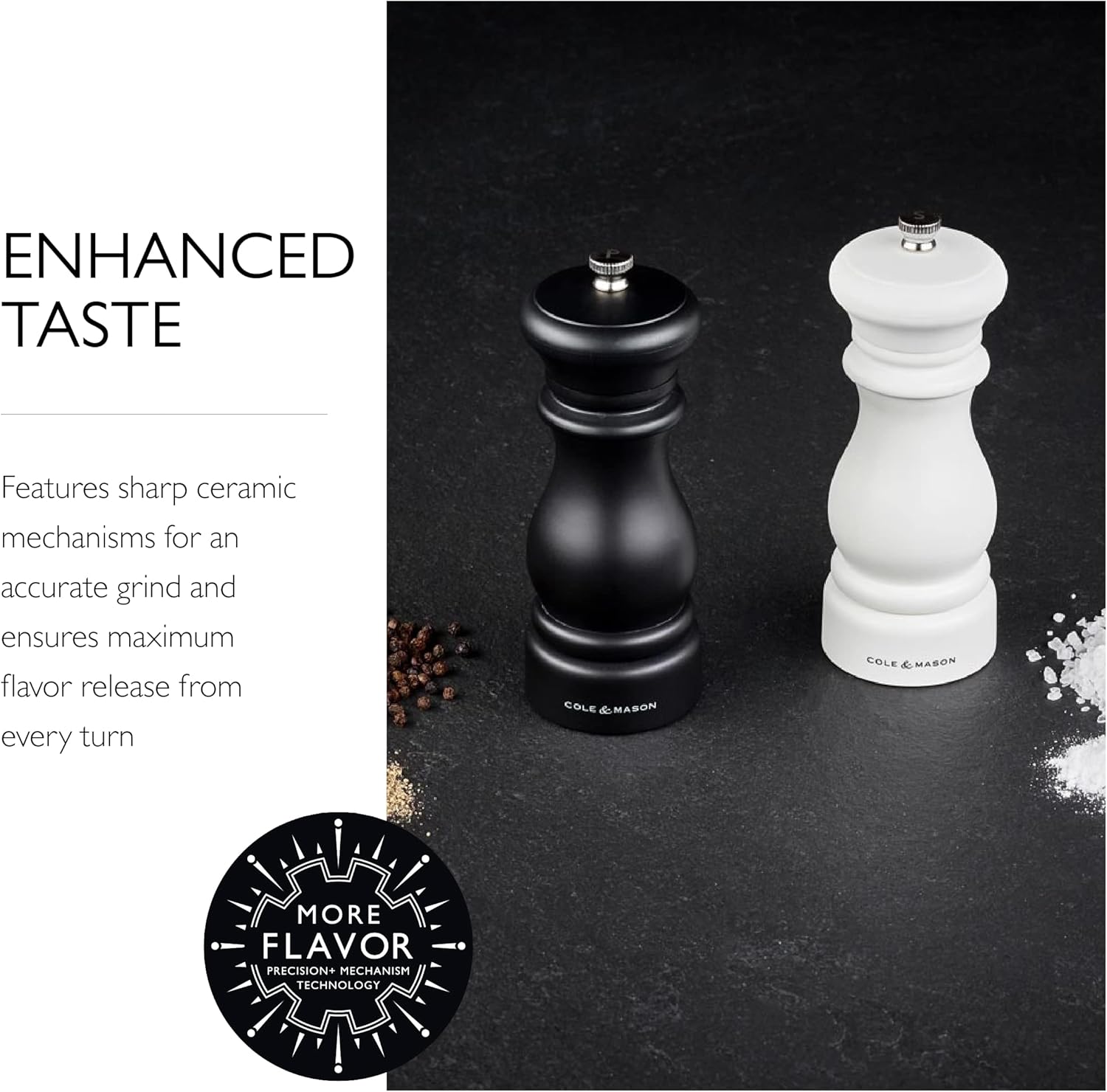 Cole & Mason Southwold Classic Salt & Pepper Mill Gift Set - Salt and Pepper Grinders with a Matte Finish - Adjustable & Refillable Mills - Hand Wash Kitchen Tool - Black/White