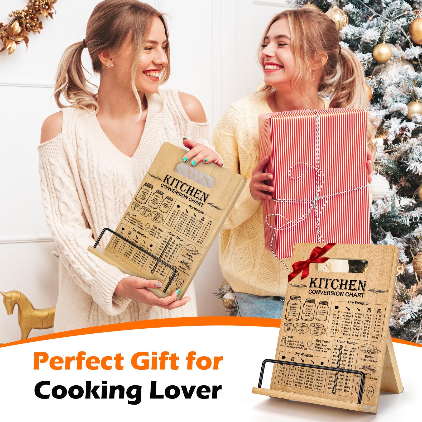 Supporto per libri di cucina in bambù per bancone della cucina, supporto per libro di ricette con tabella di conversione delle misurazioni, supporto regolabile per libri di cucina, accessori