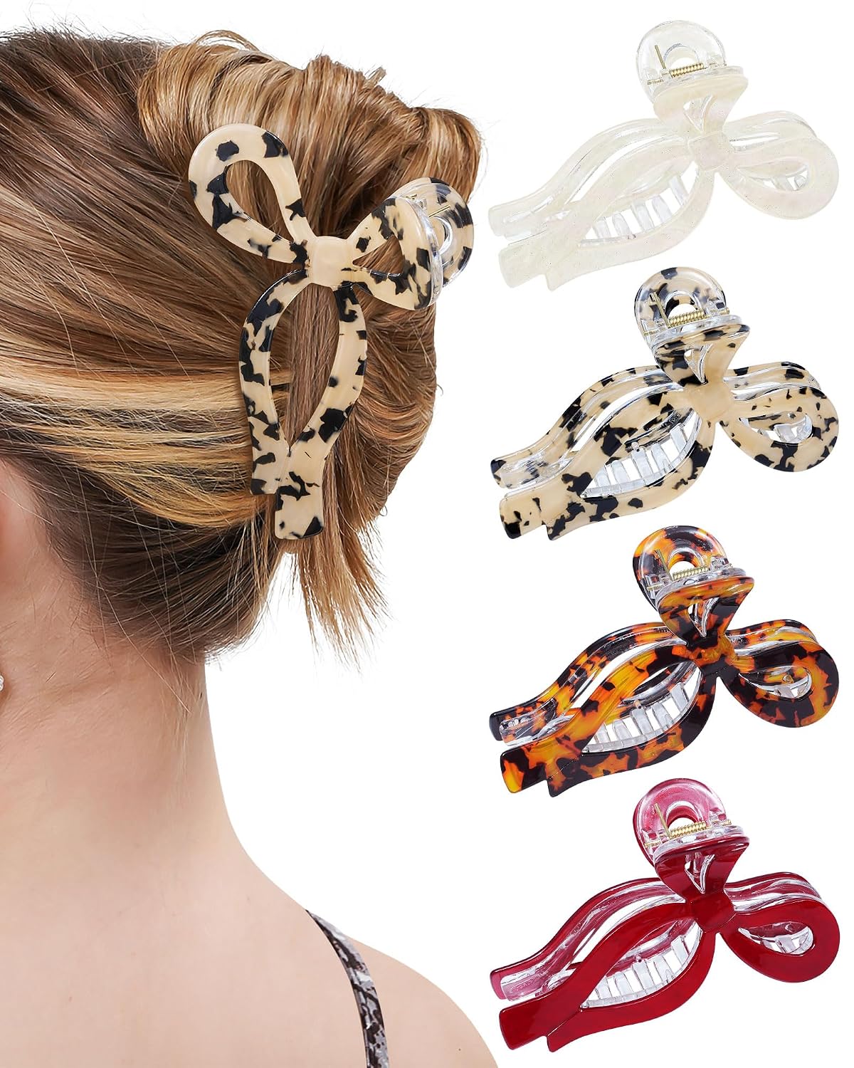 Mesovor 4 Pack Elegant Bow Hair Claw Clips, Nonslip 4.3" Large Hair Grip Hairclips for Thin and Thick | Acrylic Hair Strong Hold Hair Jaw Clamps (Cherry Red, Beige, Leopard)