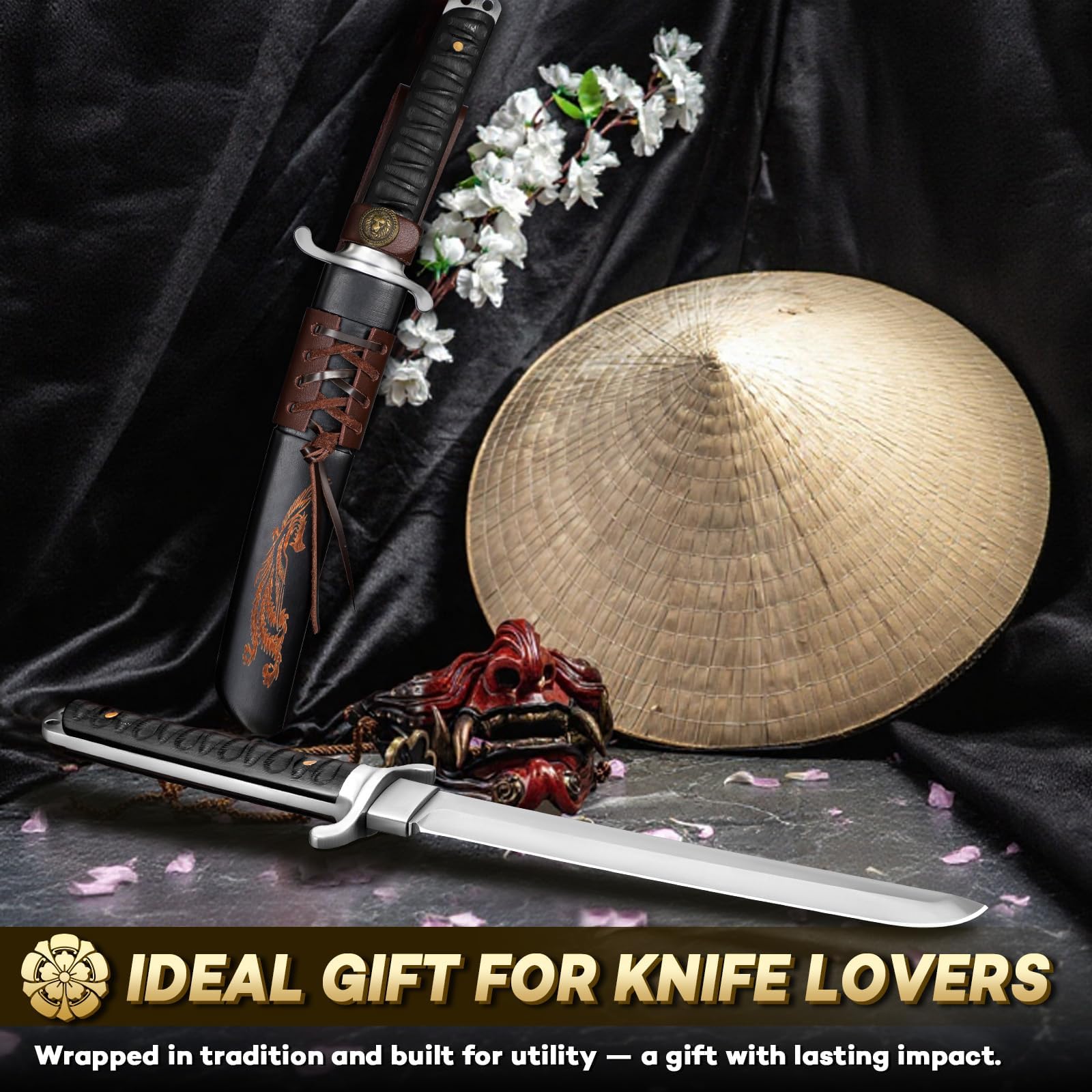 Japaknives Cuchillo de Supervivencia Tanto Japonés para Exteriores Afilado con Funda Acero D2 Hoja Fija de 5 mm de Espesor con Funda Grabada Fénix Coleccionismo Regalo para Hombres