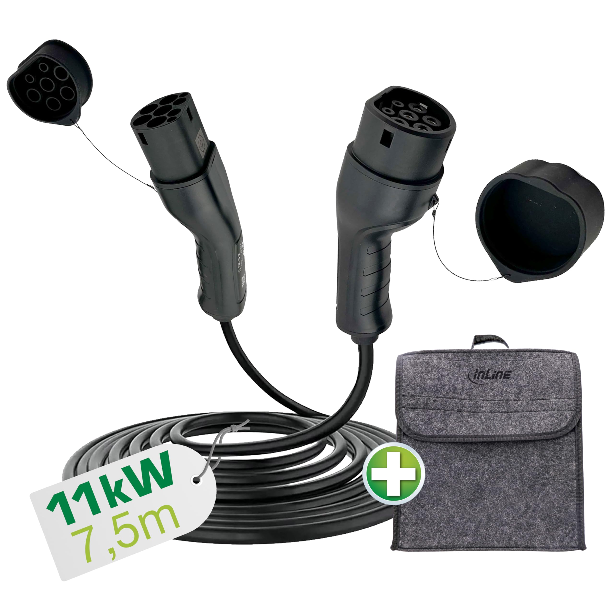 Inline 16277I - Cable de Carga para Coche eléctrico (7,5 m, Tipo 2 EN 62196, Incluye Bolsa de Almacenamiento, 11 kW máx./7,4 KW/3,7 KW, 16 A, 3 Fases, Compatible con Modelos como i3, IX, ID.3, ID.4