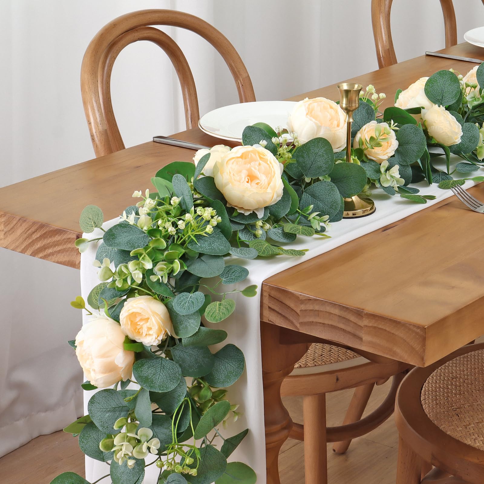 Künstliche Blumengirlanden, Eukalyptus-Girlanden mit Blumen, Rose, Pfingstrose, Blumenranke, künstliche Blumengirlande für Hochzeit, Party, Bogen, Tisch, Wand, Hintergrund, Dekoration
