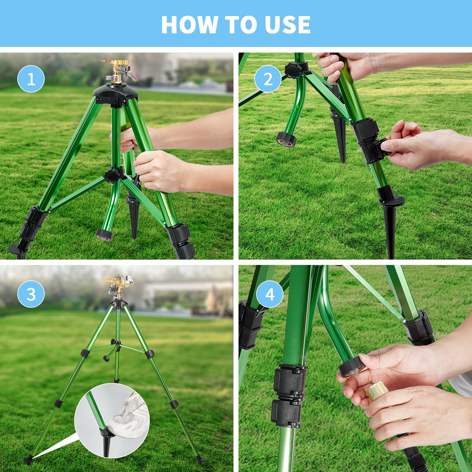 Irrigatori per cortile con ugello testa regolabile, irrigatore per prato con irrigazione a copertura di ampia area a 360 gradi, irrigatori d'acqua in ottone resistente con gambe di estensione,