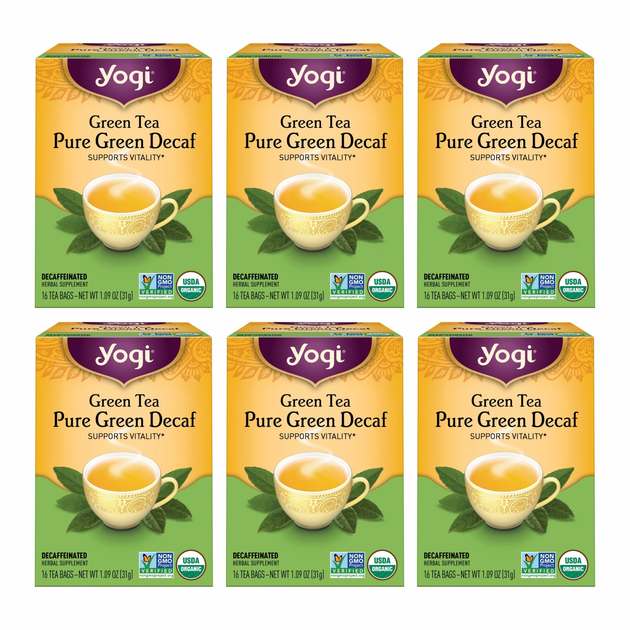 Tea - Green Tea Pure Green Decaf (6 Pack) - Supports Vitality - 96 Tea Bags