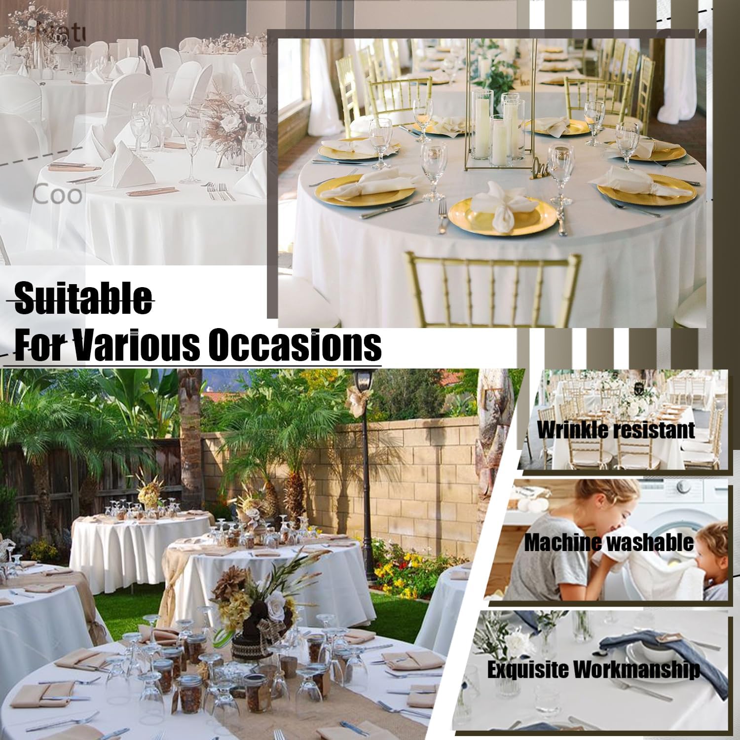 4 Packs White Round Tablecloths, 120 Inch Stain Resistant and Wrinkle Polyester Fabric Washable Table Clothes Cover for Kitchen Dining, Wedding, Reception Banquet, Birthday Party, Buffet Restaurant