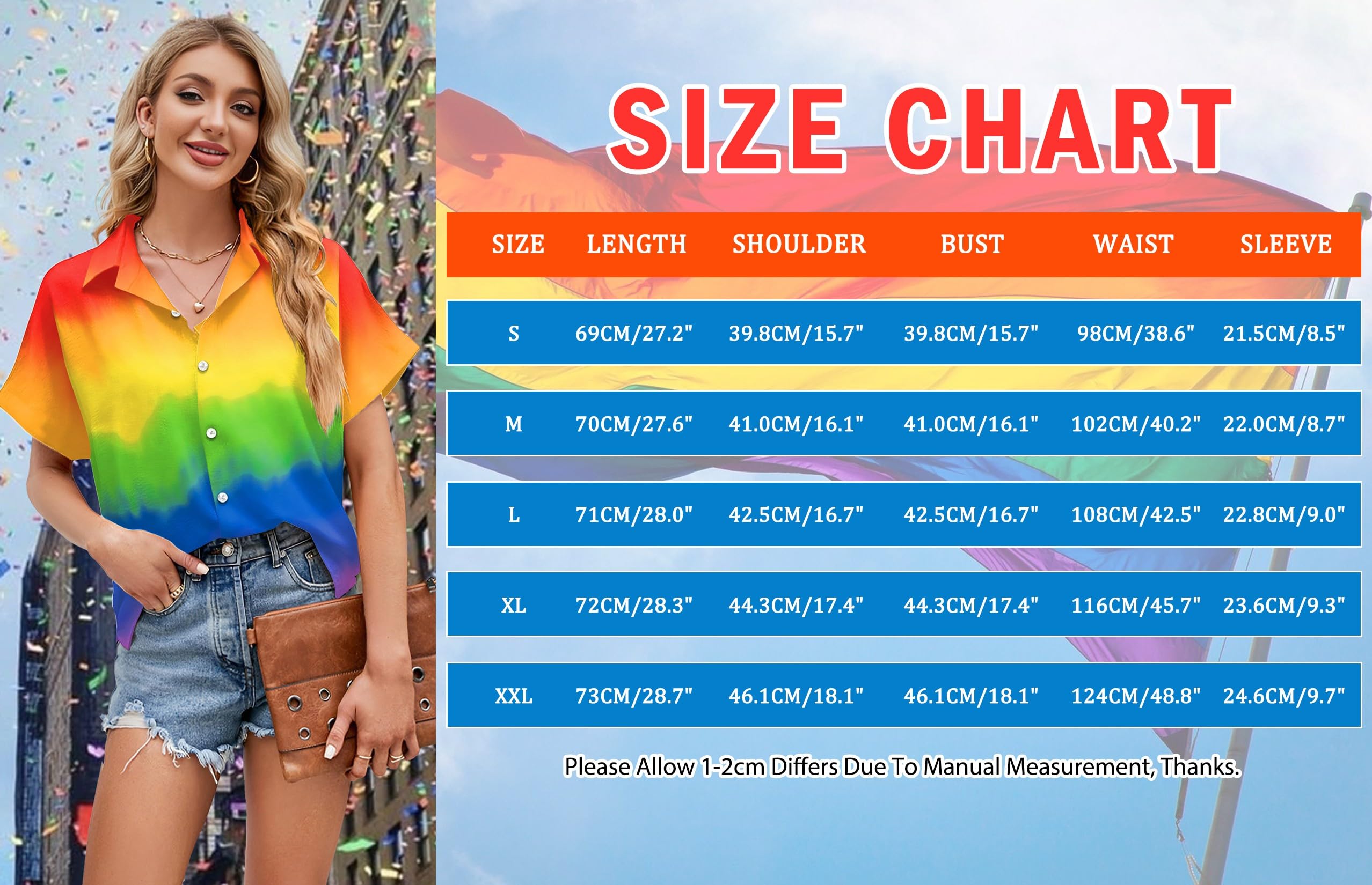 tiorhooe Maglietta da donna con stampa arcobaleno e cuore, stile casual, con bottoni