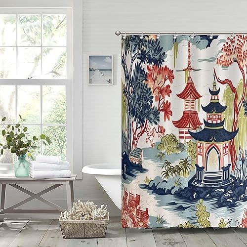 Miniatura 824 de Cortinas de ducha de baño con ganchos, 72 x 92 pulgadas, cortina de ducha de tela impermeable con diseño de flores y pájaros, cortina de ducha