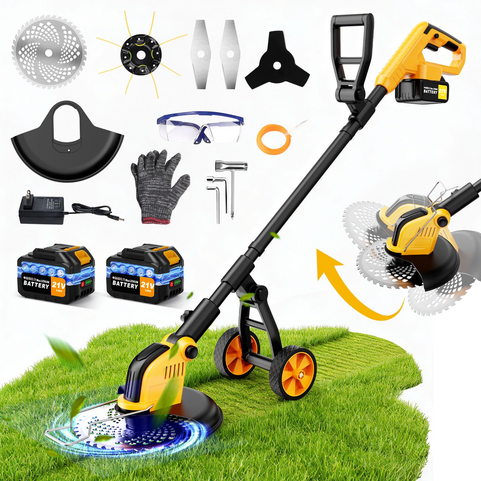 Desbrozadora Bateria con Ruedas,30CM Desbrozadora Electrica con 2 * 3.0 Ah Baterías y Cargador,Motor sin Escobillas 800W,Cortadora de Césped con 4 Tipos de Cuchillas para Recortar Césped y Arbustos