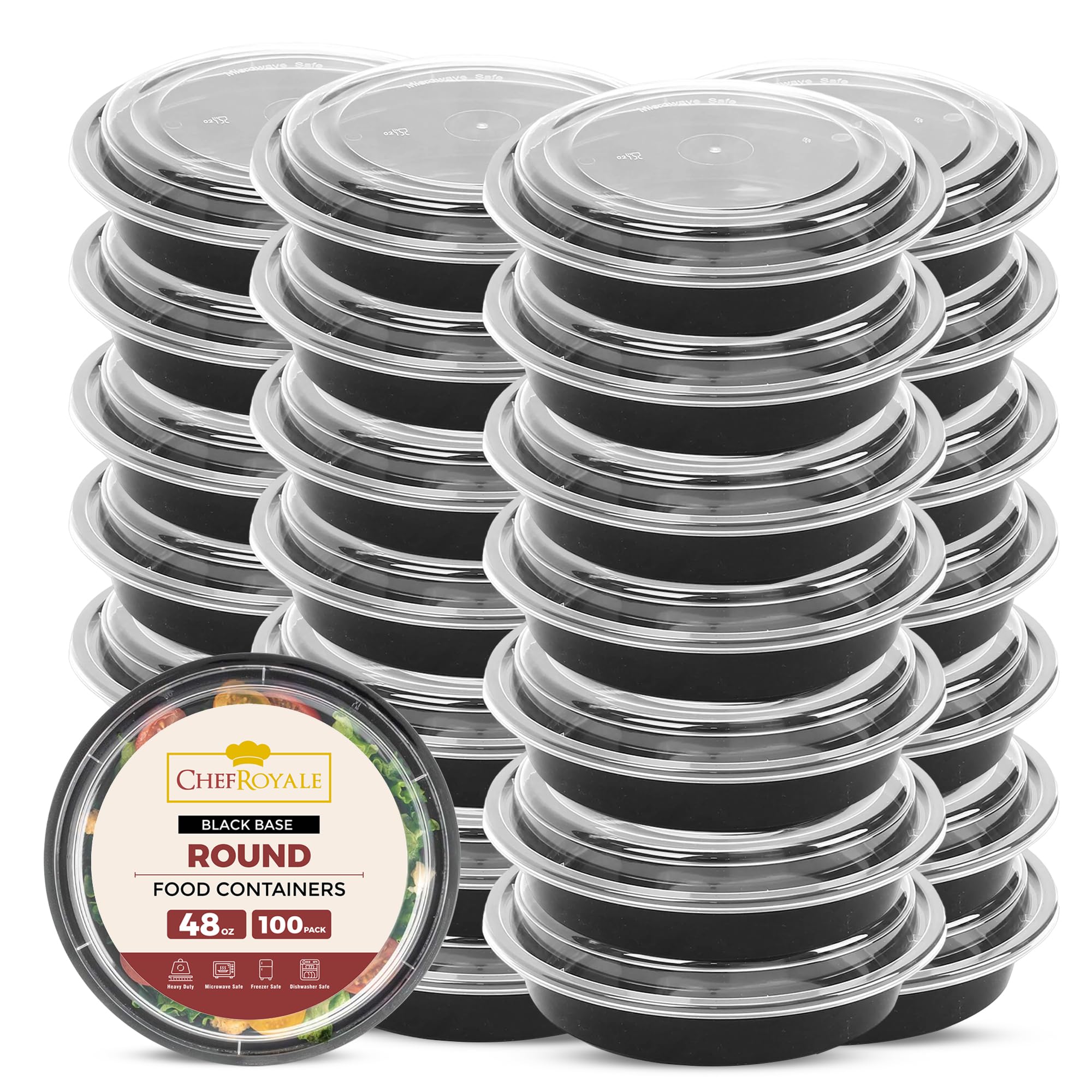 CHEF ROYALE 100x 48oz Round Meal Prep Containers with Lids Reusable Food Containers with Airtight Lids - Microwave & Dishwasher Safe - BPA Free Stackable Lunch Boxes (100, 48oz)
