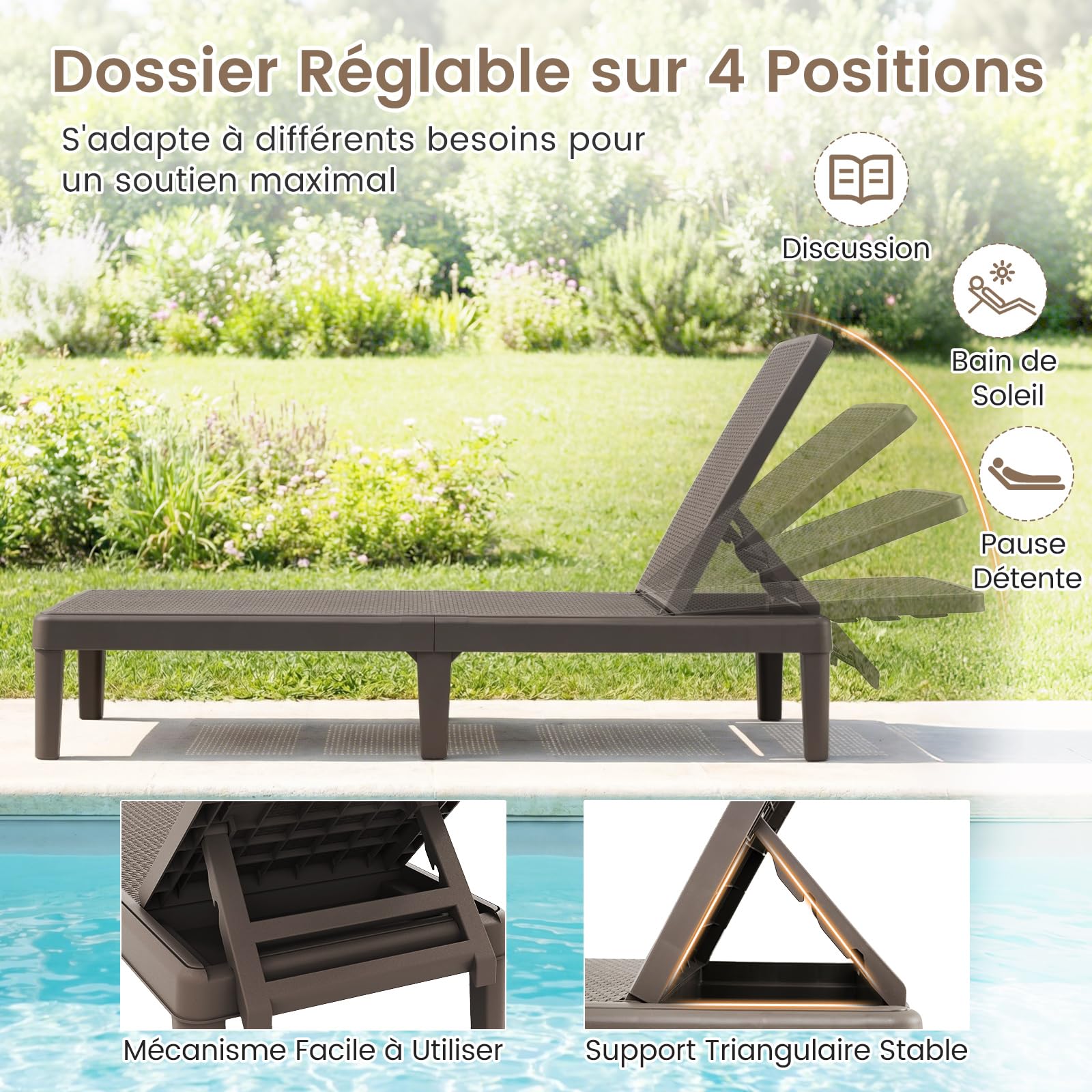 COSTWAY 2pcs Bain de Soleil en PP Effet Rotin, Chaise Longue Jardin Exterieur, Dossier Inclinable à 4 Positions, 6 Pieds, Montage sans Outil, Transat pour Terrasse Balcon Piscine, Charge 150kg(Marron)