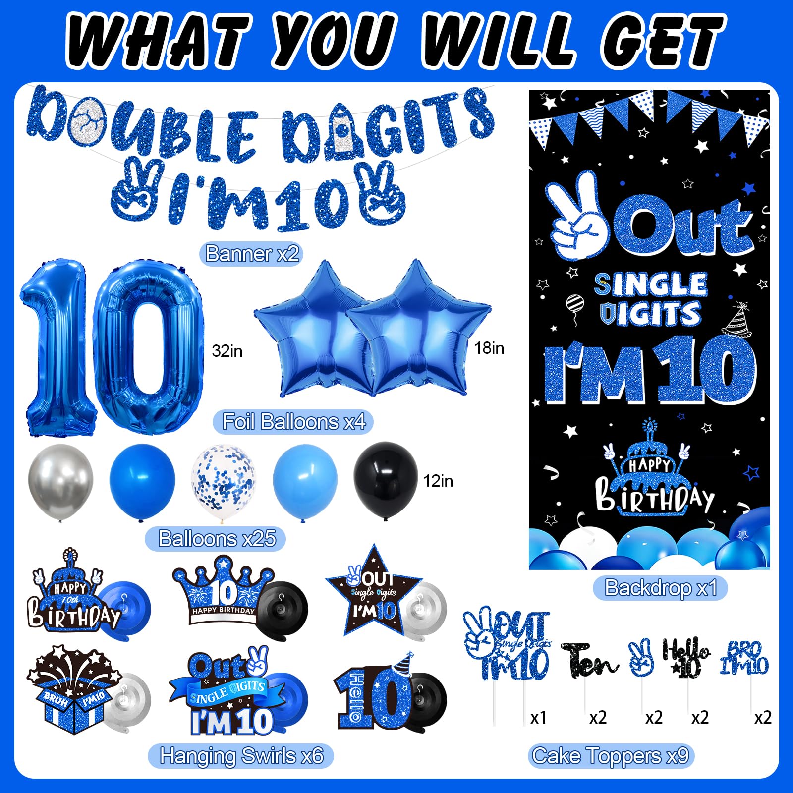 Blue Black Out Single Digits I'm 10 Dekoracje na przyjęcie urodzinowe