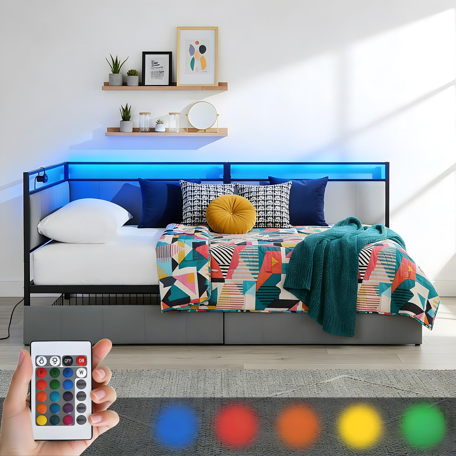 Sofá Cama de 90x200 cm con Luz LED,2 Cajones de Almacenamiento, Cabecero Tapizado en Tela, Puerto USB, Somier de Lamas Metálicas – Cama Individual para Adultos, Niños, Salón o Dormitorio–Gris