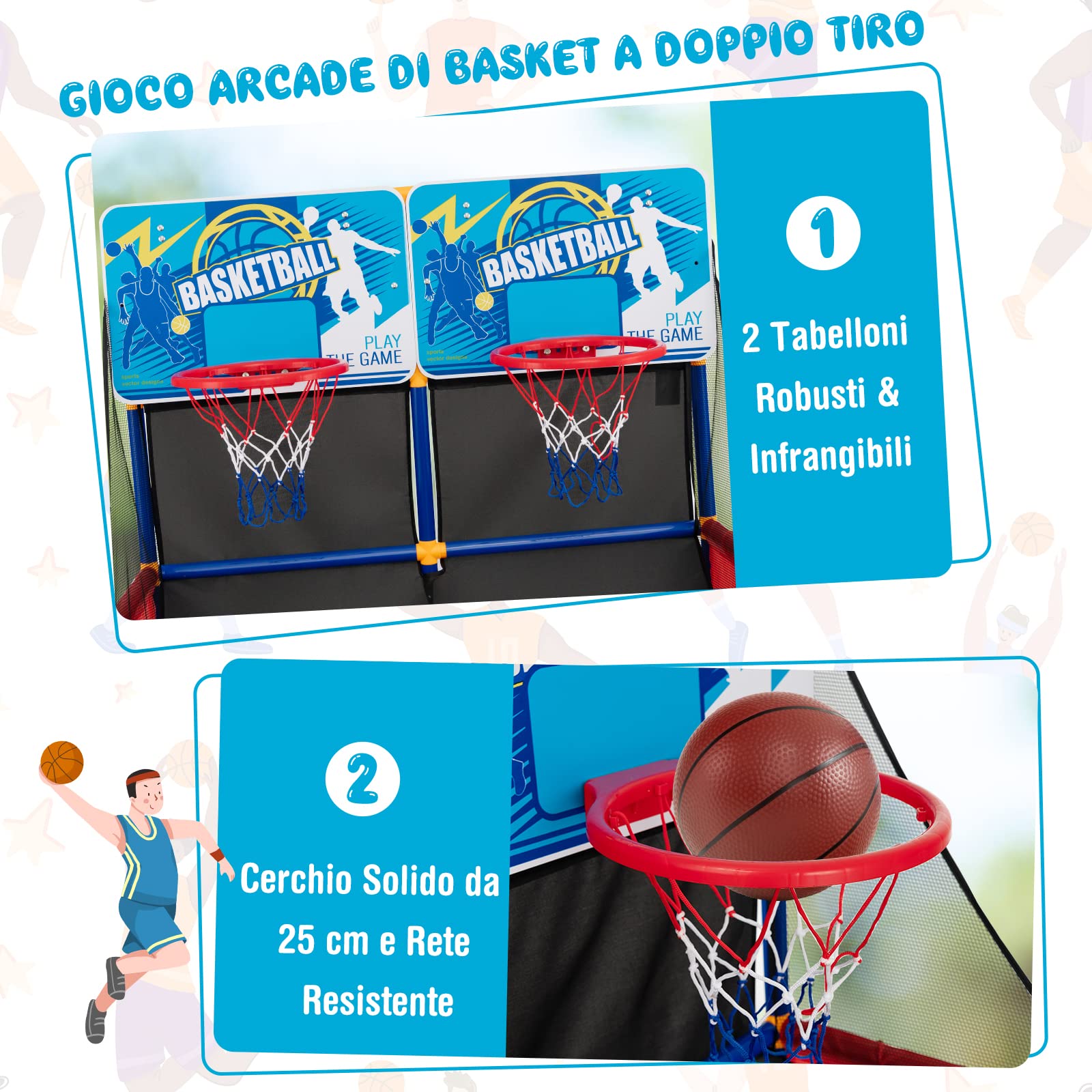 COSTWAY Canestro Basket da Camera per Bambini, Gioco Pallacanestro a Doppio Tiro con 4 Palline e Pompa di Gonfiaggio, Ideale per Sala Giochi e Cameretta, 90 x 90 x 140 cm