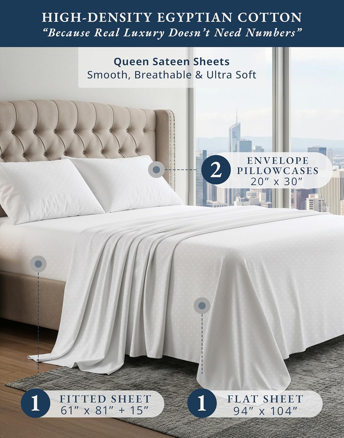 100% Egyptian Cotton Bed Sheets King Size – Silky Sateen Weave for All Season Comfort, Snug Fit 15" Deep Pocket, OEKO-TEX Certified, Fade Resistant, Durable Hotel Comfort at Home -Swiss Dot White - Image 2