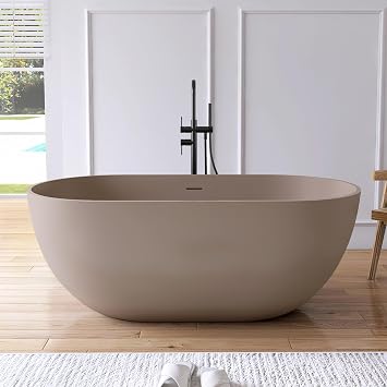 59" Freestanding Bathtub Tubs Resin Stone, Solid Surface Free Standing Tub, Oval Sorker Tub Bathtubs with Overflow and Pop up Drain, Brown